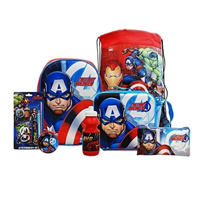 Image of simpahome Captain America 7PC Back to School Bundle inc 3D Backpack, Drawstring Sports Bag, Insulated Lunch Water Bottle, Coin Pouch, Pencil Case &amp; Stationery Set.