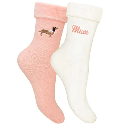 Image of Ladies Personalised Dachshund Sausage Dog Thermal Bed Socks Gift Set (Peach &amp; Cream)