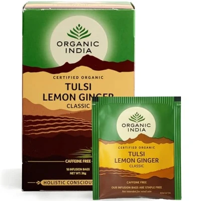 Image of Organic India Tulsi Lemon &amp; Ginger Tea, Caffeine Free Herbal Certified Natural Ingredients, 18 Tea Bags