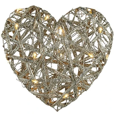 Image of WeRChristmas Pre Lit Silver Woven Rattan Warm White LED Heart Decoration with Glitter Coating, 36 cm Multi Colour