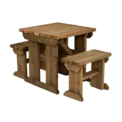 Image of Arbor Garden Solutions Wooden picnic table and benches set, Yews compact patio furniture (4ft, Rustic Brown)