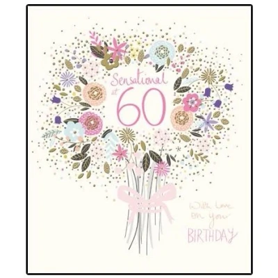 Image of Age 60 Birthday Card (WDM 428661) Artistic Bunch of Flowers from The Peach &amp; Prosecco Range Foiled Embossed Finish