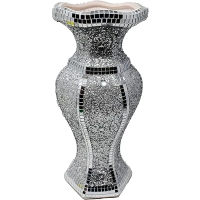 Image of Crushed Diamond Ceramic Flower Vase, 30 cm, Silver Sparkle, Handcrafted Floral Display