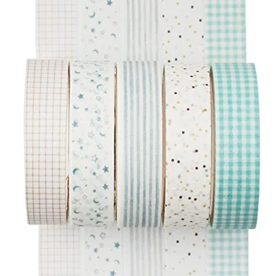 Image of YUBX 5 Rolls Washi Tape Set Creative Basic Skinny Decorative Tapes for Arts, DIY Crafts, Bullet Journals, Planners, Scrapbooking, Wrapping (Cyan Dew)