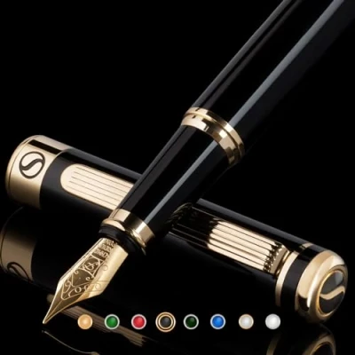 Image of Scriveiner Black Lacquer Fountain Pen Stunning with 24K Gold Finish, Schmidt 18K Gilded Nib (Fine), Best Gift Set for Men &amp; Women, Professional, Executive, Office, Nice Pens