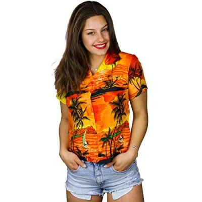 Image of King Kameha Funky Hawaiian Blouse Shirt, Shortsleeve, Print Surf, Orange, S