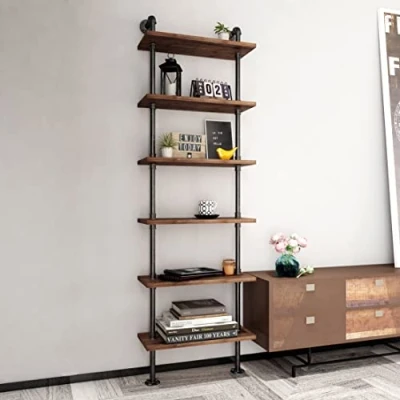 Image of Industrial Pipe Bookshelves Rustic Wall Ladder Bookshelf Display Storage Stand Shelf Bookcase for Living Room, Kitchen, Office (6 Tier)