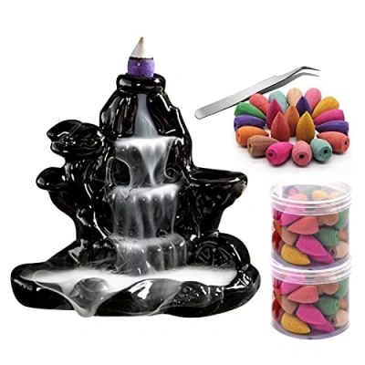 Image of Guador Backflow Incense Burner Glaze with 80 Pcs Free Different Fragrance Cones and Stainless Steel Tweezers Censer for Home Office Bedroom Yoga Decoration Best Gift (Brown)