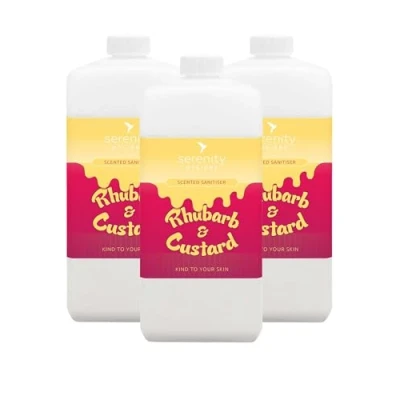 Image of Hand Cleansing Sanitiser Foam, No Alcohol Foaming Sanitizer Dispenser Rhubarb &amp; Custard 1 Litre Refill Pack of 3