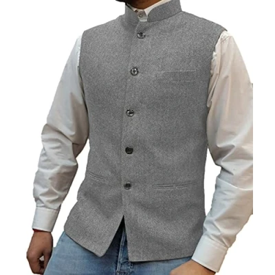 Image of Mens Vintage Suit Vest Zhongshan High Collar Tweed Waistcoat for Men Groosmens (Silver Grey,XL)