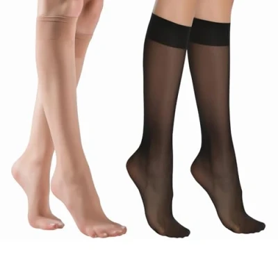 Image of REBUCINA 14 Pairs Knee High Socks,Pop Socks Women High,Knee Tights,Black,and Natural Color Women&#039;s Socks,Nylon Socks,Sheer Nylon Stockings with Reinforced Toe