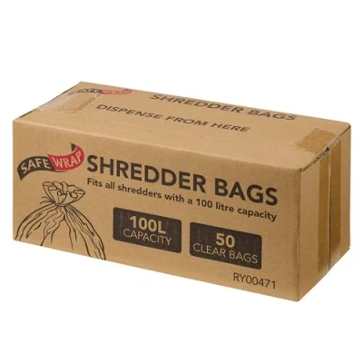 Image of Safe Wrap Shredder Bags, 100L Capacity Pack of 50 Durable, High Density Polythene Handy Dispenser Box,