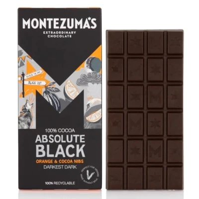 Image of Montezuma&#039;s Absolute Black, 100% Cocoa, Dark Chocolate Orange &amp; Cocoa Nibs, Gluten Free Naturally Vegan, 90g Bar