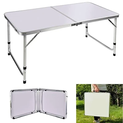 Image of 4ft Aluminum Folding Table Portable Picnic Camping Table,3 Adjustable Height Lightweight Rectangle Trestle for Garden Outdoor Dinner White,120x60x70/62/55cm