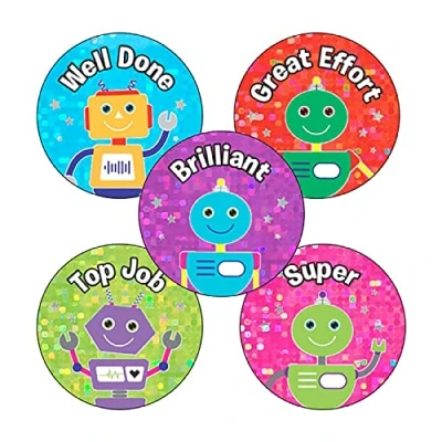 Image of 150 Holographic Sparkly Great Effort Brilliant Well Done Robot Childrens Pupils School Praise Teachers Reward Stickers 25mm Primary Teaching Services
