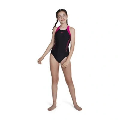 Image of Speedo Girl&#039;s Boom Splice Muscle Back Swimsuit, Black/Electric Pink, 7 8 Years UK