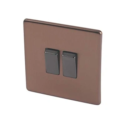 Image of Varilight Flat Plate Screwless Brushed Bronze 2 Gang Way 10 Amp Light Switch
