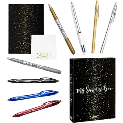 Image of BIC My Surprise Box Gift Set of 14 Writing Products, 4 Ballpoint / 5 Metallic Felt Tip Gel Pens, 1 Repositionable Pad and A5 Notebook White