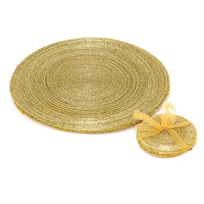 Image of Carousel Home Set of 4 Gold Beaded Coasters and Placemats 8 Piece Family Dining Table Mats Sets