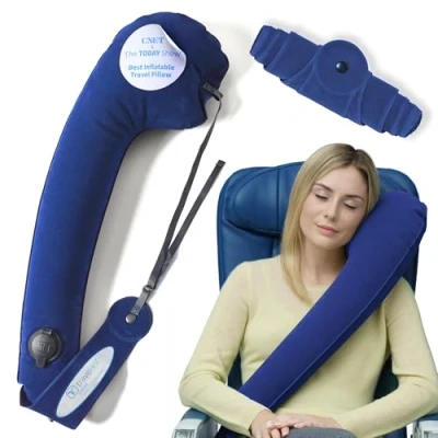 Image of Travelrest Ultimate Travel, Neck &amp; Body Pillow Strap to Plane Car Seat Compact, Comfort and Convenient for Office Napping, Airplane, Bus Train Upright Sleeping Rolls Up Small Blue