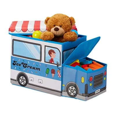 Image of Relaxdays Children’s Storage Ottoman, Lidded Toy Box, Folding, Boys &amp; Girls, Ice Cream Design, 50 Litres, Blue