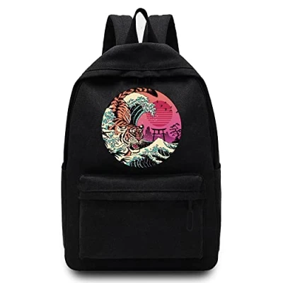 Image of FINDING CASE Basics Backpack/Daypack with Padded Shoulder Straps, Side Pockets Hiking Daypack Walking Rucksack Foldable Camping for Water Bottle and Laptop Sleeve, (Japan Tiger Wave)