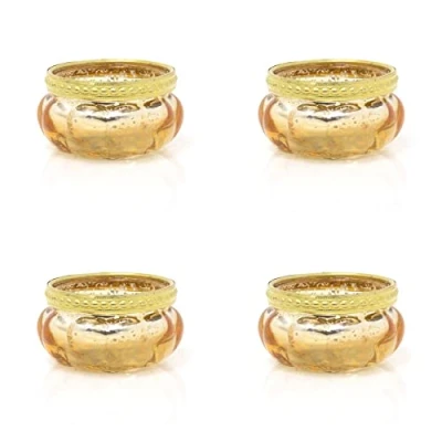 Image of Pack Of 4 Gold Mercury Effect Glass Tea Light Holder Speckled Tealight Votive Candle Round Ribbed Pot