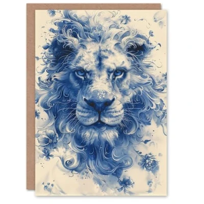 Image of Artery8 Birthday Card Ethereal Lion Blue Chinese Porcelain Flowers For Him Man Male Dad Brother Son Papa Grandad Greeting