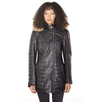 Image of Women&#039;s Black Leather Parka Jacket Quilted Detachable Hooded Trench Coat 2XL