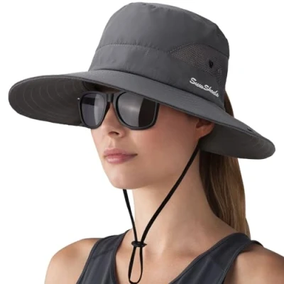 Image of DRESHOW Women Sun Hat Outdoor UV Protection Foldable Mesh Wide Brim Fishing Ponytail Beach Bucket Hats with Eyeglasses