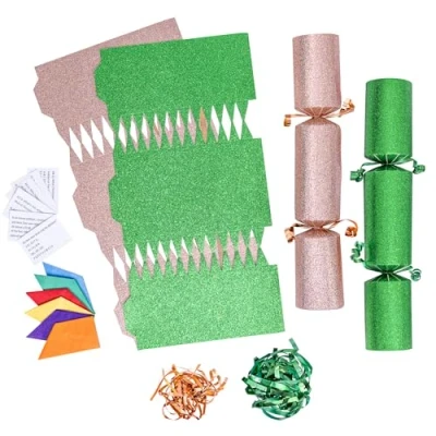 Image of evelay 12 Make Your Own Christmas Cracker Kit DIY Green &amp; Rose Gold Glitter Crackers Hats Snaps Jokes (Green, Gold)
