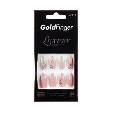 Image of Halloween Nails Kiss Gold Finger Luxury Nail Lavishly Handcrafted with 3D Jewels 30 Long Design Nails/Pink Gel Glue 2ml / Manicure Stick Included (GFL13)