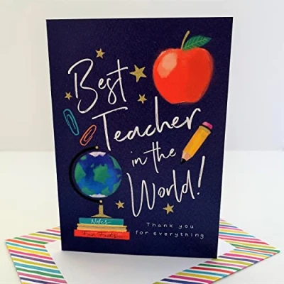 Image of Rachel Ellen Best Teacher In The World Thank You Card Globe Apple Stars