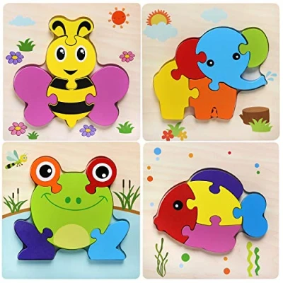 Image of Afufu Montessori Toys, 4 Pack Jigsaw Puzzles for Toddlers 1 2 3 Years Old, Boys &amp; Girls Educational Wooden Toys Gift with Animals Patterns