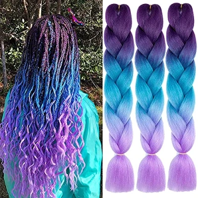 Image of FANWYFYU Ombre Braiding Hair, 3Pack/Lot Hair Extensions High Temperature Synthetic 24inch Pre Stretched Hair,for Box Braids (Dark Purple Lake Blue Light Purple)