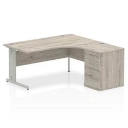 Image of Impulse 1600mm Right Crescent Desk Grey Oak White Leg + High Ped