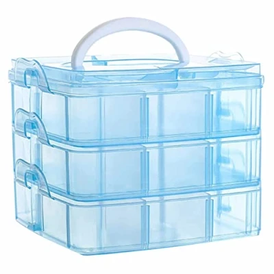 Image of SUL 3 Tier Transparent Stackable Storage Box with 18 Compartments, Craft and Carry Handle, Container for Jewellery, Organising Toys, Arts &amp; Crafts, Tools (Blue)