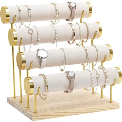Image of ProCase Detachable Bracelet Holder Stand, Gold Organiser for Selling, Velvet Wrap Display Rack with Wooden Base Bangles Scrunchies Watches 2 Tier, Beige