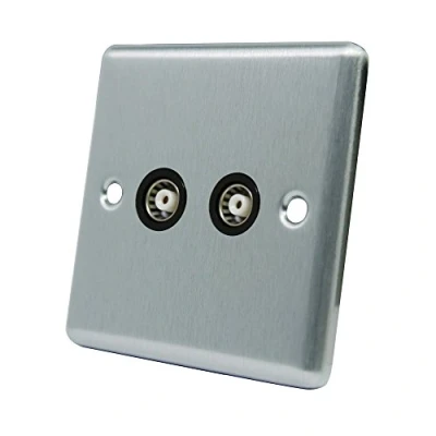 Image of AET CSC2GTVBL Satin Chrome Classical TV Black Insert 2 Gang Coaxial Female Socket, 240 V