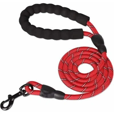 Image of 5FT Rope Dog Lead, Soft Padded Anti Slip Handle, Strong Nylon Leash With Highly Reflective Threads For Small, Medium And Large Dogs (Red, Medium)