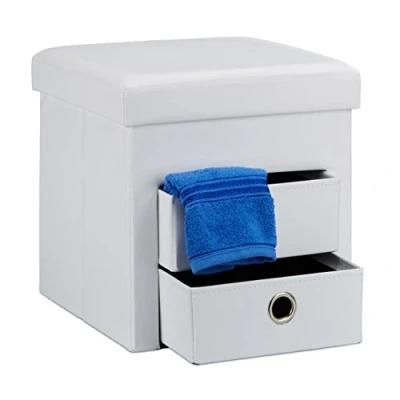 Image of Relaxdays Folding Storage Ottoman with 2 Pull Out Compartments Drawers, Footstool Total Size: 38 x cm Faux Leather Seat Pouffe Foldable Space Removable Box Stool, White
