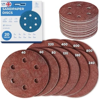 Image of EffektWerk Sanding Discs (20 PK, 6 Holes) 150mm Sandpaper for Random Orbital Sanders Self Adhesive w/Hook &amp; Loop Closure Fine Coarse Grinding w/ 40/60/80/120/180/240/320/400/600/800 Grits