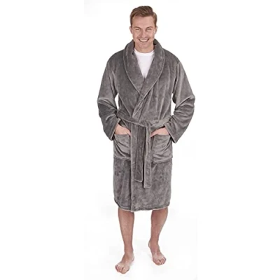Image of Pierre Roche Mens Dressing Gown Robe Flannel Shawl Collar Nightwear Soft Fleece Grey