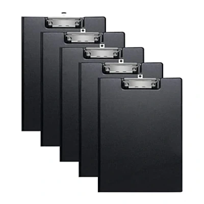 Image of 5 Pack A4 Clipboard,Foldover Clipboard Folder with Pocket and Hanging Hole,PVC Covered Clip Board Low Profile for Office,Business,School Black