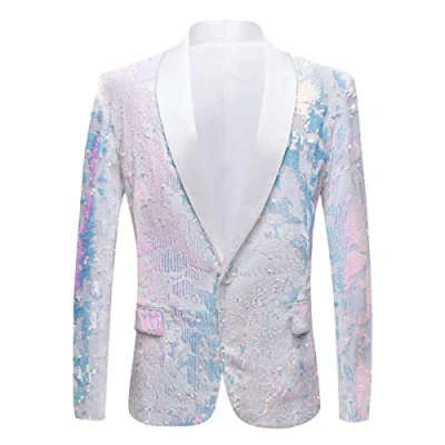 Image of PYJTRL Men Fashion Velvet Sequins Floral Pattern Suit Jacket Blazer (White, XL)