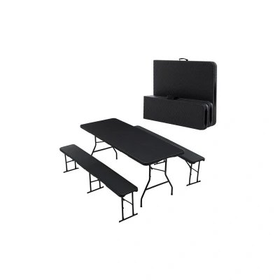 Image of BIRCHTREE Folding Foldable Table Bench Set 6FT 1.8M Heavy Duty HDPE Steel Legs Portable Outdoor Camping Garden Picnic BBQ Party Black