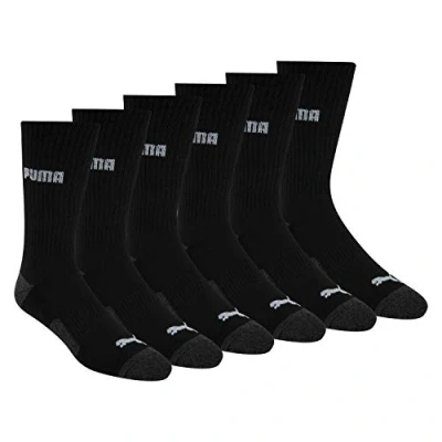 Image of PUMA Men&#039;s 6 Pack Crew Socks, Black/Grey Logo, L UK