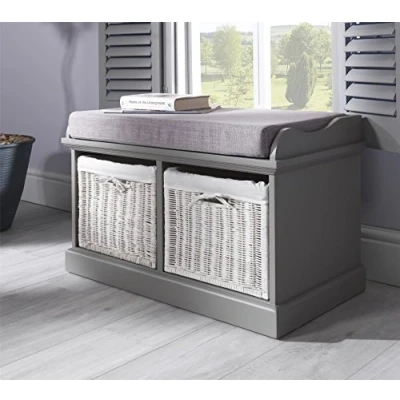 Image of Tetbury Grey bench with 2 White Baskets. Hallway storage matching cushion seat. Very sturdy, FULLY ASSEMBLED