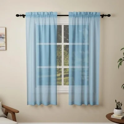 Image of Pacok Blue Voile Curtains, 72 Drop 2 Panel Net Curtain for Windows, Rod Pocket Sheer Curtains Living Room Kitcken Bedroom W56xL72 Inch(Blue,142 x 183cm)