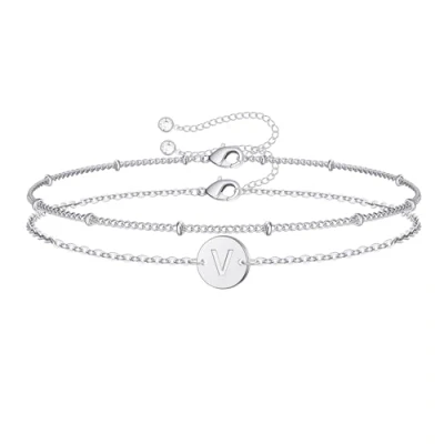 Image of TINGN Gifts for Teenage Girls Initial Bracelet, 14k White Gold Filled Bracelets Women Dainty Layered Letter H Charm Bracelet Silver Jewelry